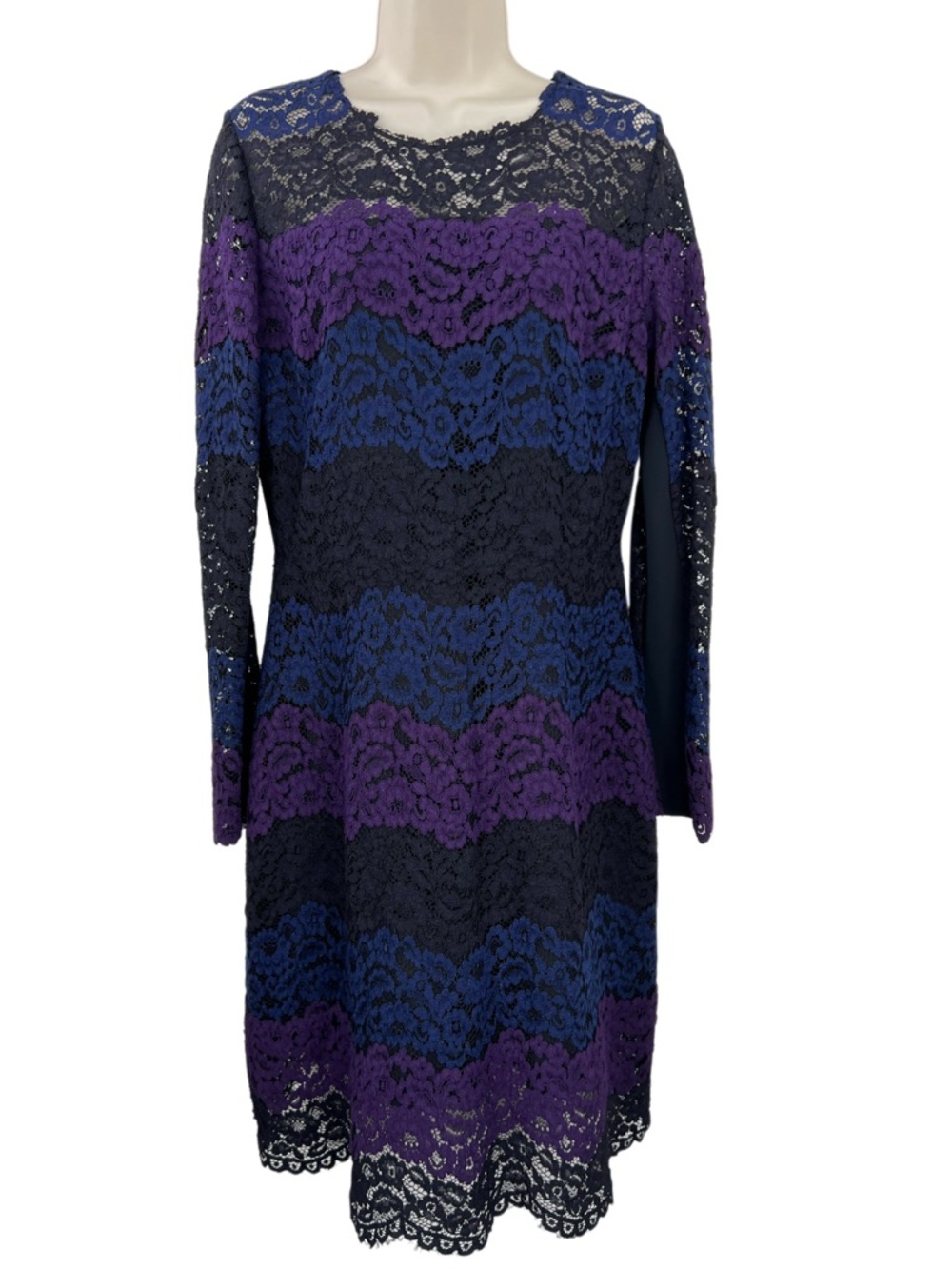 Elie Tahari Lace Dress Size 10 Black Purple Blue Sheath Long Sleeve Cocktail - Picture 2 of 8